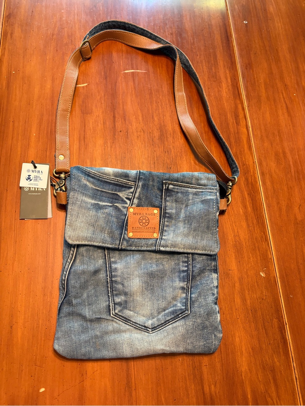 Myra Bag Blue Denim Crossbody Bag with Brown Leather Strap